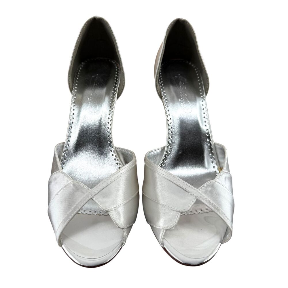 Michelangelo Shellie Satin Heels 9M White Peep Toe Dyeable Pumps Davis'd Bridal - Picture 4 of 14
